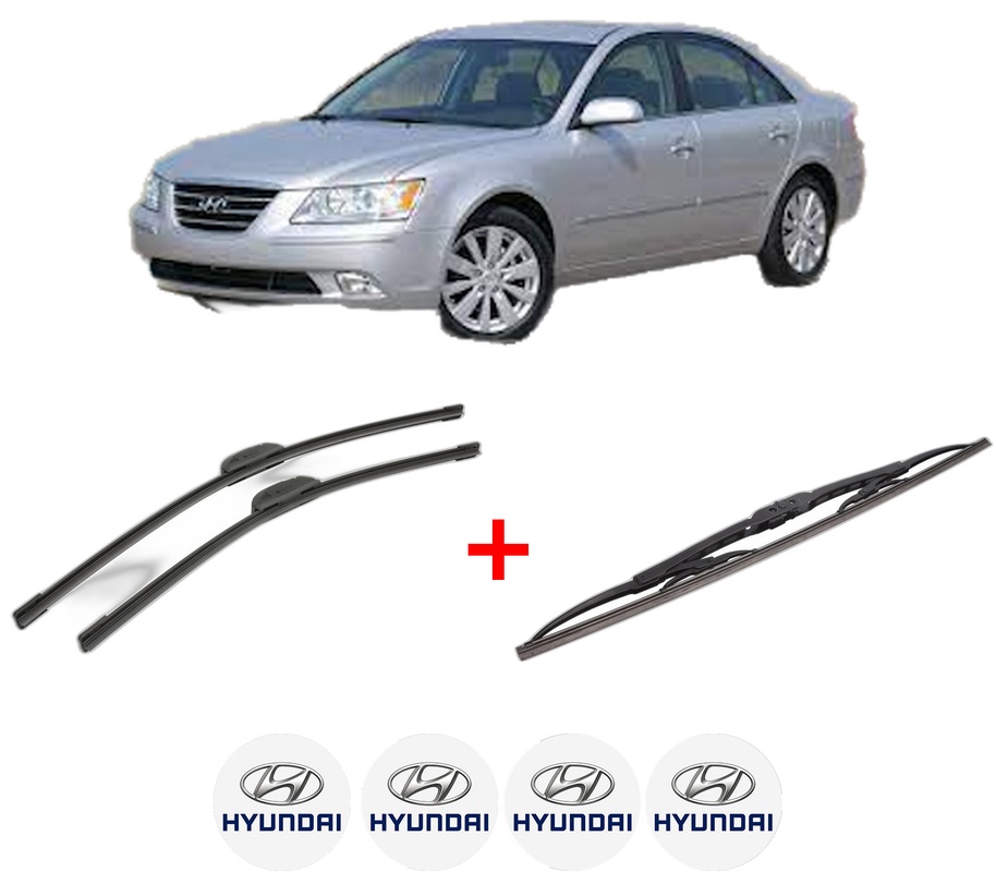 Set 3 stergatoare HYUNDAI SONATA V (NF) din 2005 - 2010, pentru parbriz si luneta fata si spate auto, Bosch Twin, din cauciuc siliconat rezistent, 4 Stickere Auto HYUNDAI