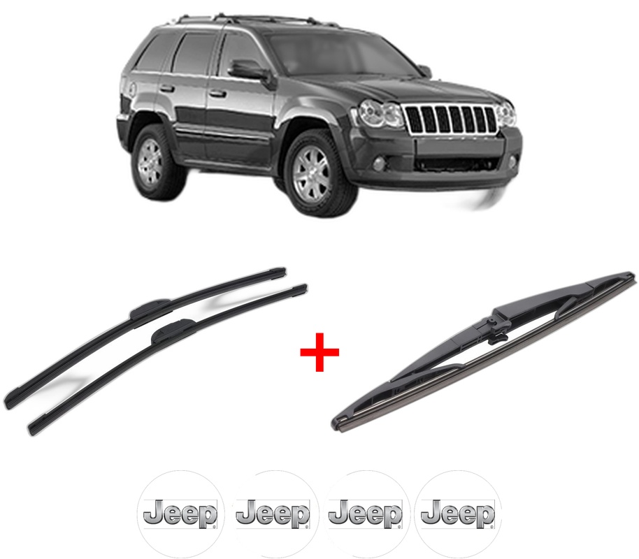 Set 3 stergatoare JEEP GRAND CHEROKEE III (WH, WK) din 2005 - 2010, pentru parbriz si luneta fata si spate auto, Bosch Twin, din cauciuc siliconat rezistent, 4 Stickere Auto JEEP