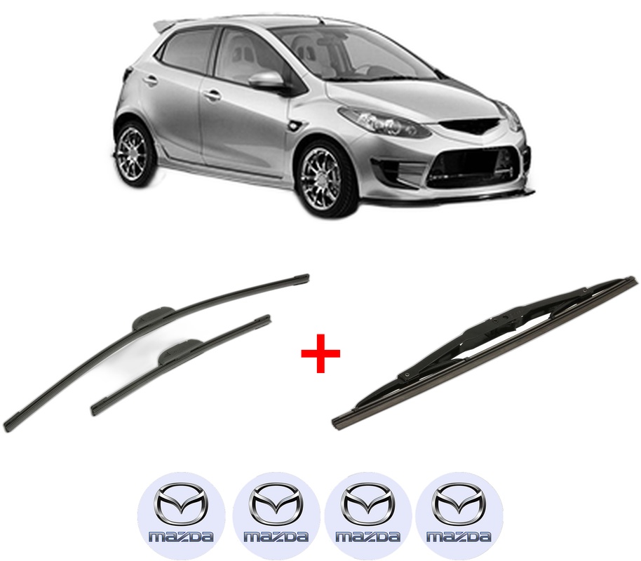 Set 3 stergatoare MAZDA 2 (DE_, DH_) din 2007 - 2015, pentru parbriz si luneta fata si spate auto, Bosch Twin, din cauciuc siliconat rezistent, 4 Stickere Auto MAZDA