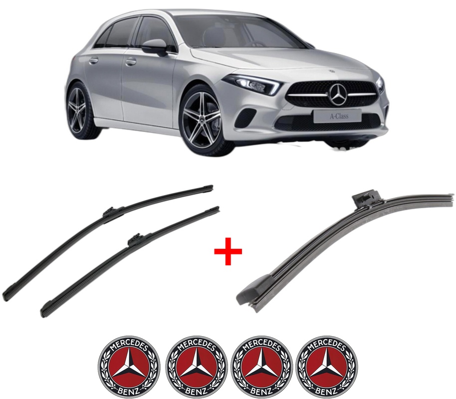 Set 3 stergatoare MERCEDES-BENZ A-CLASS (W177) din 2018 - 2019, pentru parbriz si luneta fata si spate auto, Bosch Aerotwin, din cauciuc siliconat rezistent, 4 Stickere Auto MERCEDES-BENZ