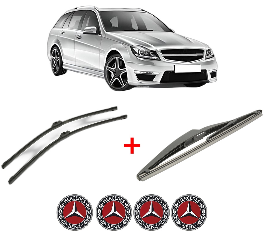 Set 3 stergatoare MERCEDES-BENZ C-CLASS T-Model (S204) din 2007 - 2014, pentru parbriz si luneta fata si spate auto, Bosch Twin, din cauciuc siliconat rezistent, 4 Stickere Auto MERCEDES-BENZ