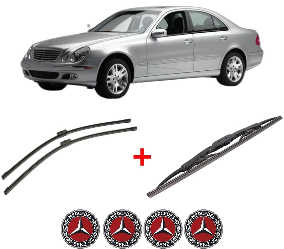 Set 3 stergatoare MERCEDES-BENZ E-CLASS Platform/Chassis (VF211) din 2003 - 2009, pentru parbriz si luneta fata si spate auto, Bosch Twin, din cauciuc siliconat rezistent, 4 Stickere Auto MERCEDES-BENZ