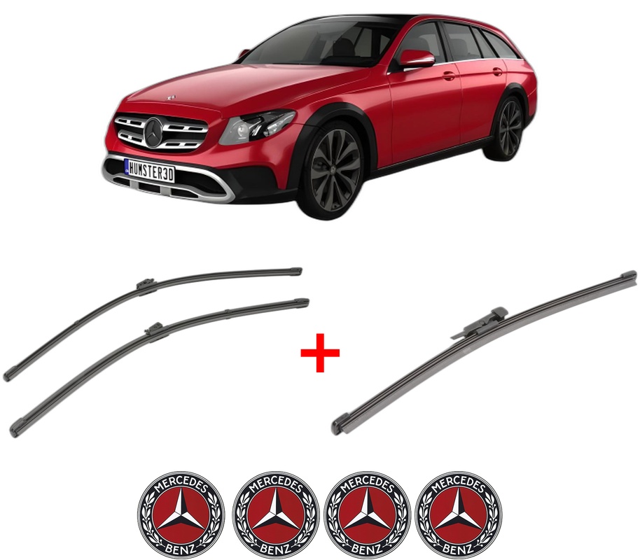Set 3 stergatoare MERCEDES-BENZ E-CLASS T-Model (S213) din 2016 - 2023, pentru parbriz si luneta fata si spate auto, Valeo Silencio Xtrm, din cauciuc siliconat rezistent, 4 Stickere Auto MERCEDES-BENZ