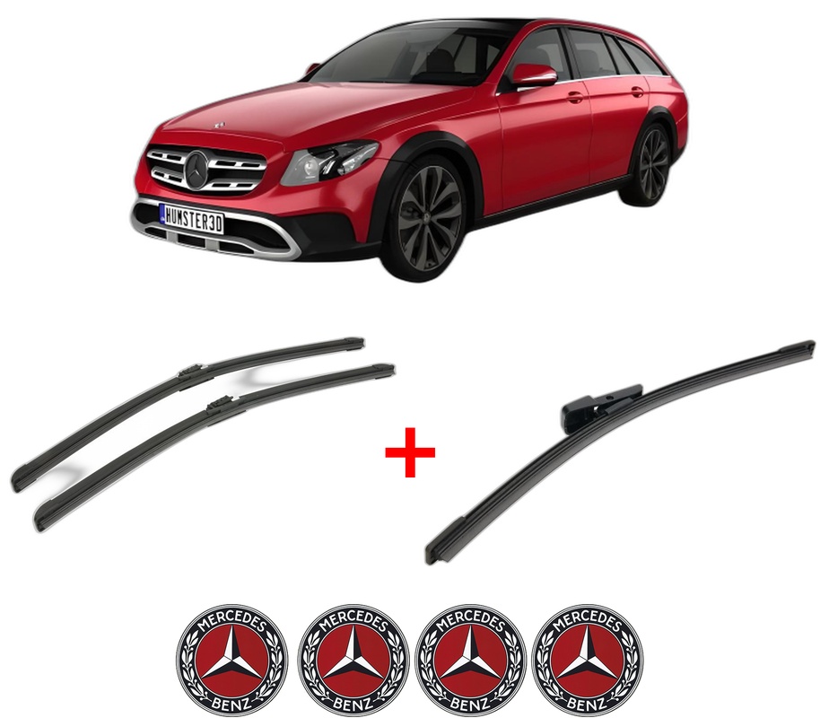 Set 3 stergatoare MERCEDES-BENZ E-CLASS T-Model (S213) din 2016 - 2023, pentru parbriz si luneta fata si spate auto, Bosch Aerotwin, din cauciuc siliconat rezistent, 4 Stickere Auto MERCEDES-BENZ