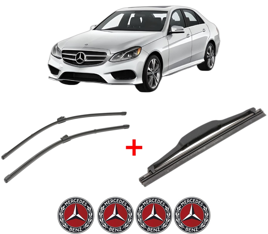 Set 3 stergatoare MERCEDES-BENZ E-CLASS (W213) din 2016 - 2023, pentru parbriz si luneta fata si spate auto, Valeo Silencio, din cauciuc siliconat rezistent, 4 Stickere Auto MERCEDES-BENZ