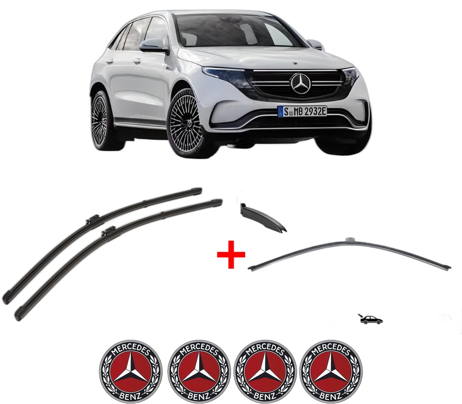 Set 3 stergatoare MERCEDES-BENZ EQC (N293) din 2019 - 2023, pentru parbriz si luneta fata si spate auto, Valeo Silencio, din cauciuc siliconat rezistent, 4 Stickere Auto MERCEDES-BENZ