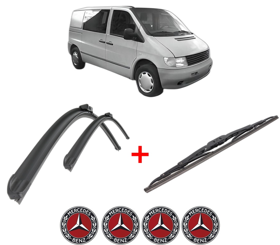 Set 3 stergatoare MERCEDES-BENZ VITO Bus (W638) din 1996 - 2003, pentru parbriz si luneta fata si spate auto, Bosch Twin, din cauciuc siliconat rezistent, 4 Stickere Auto MERCEDES-BENZ