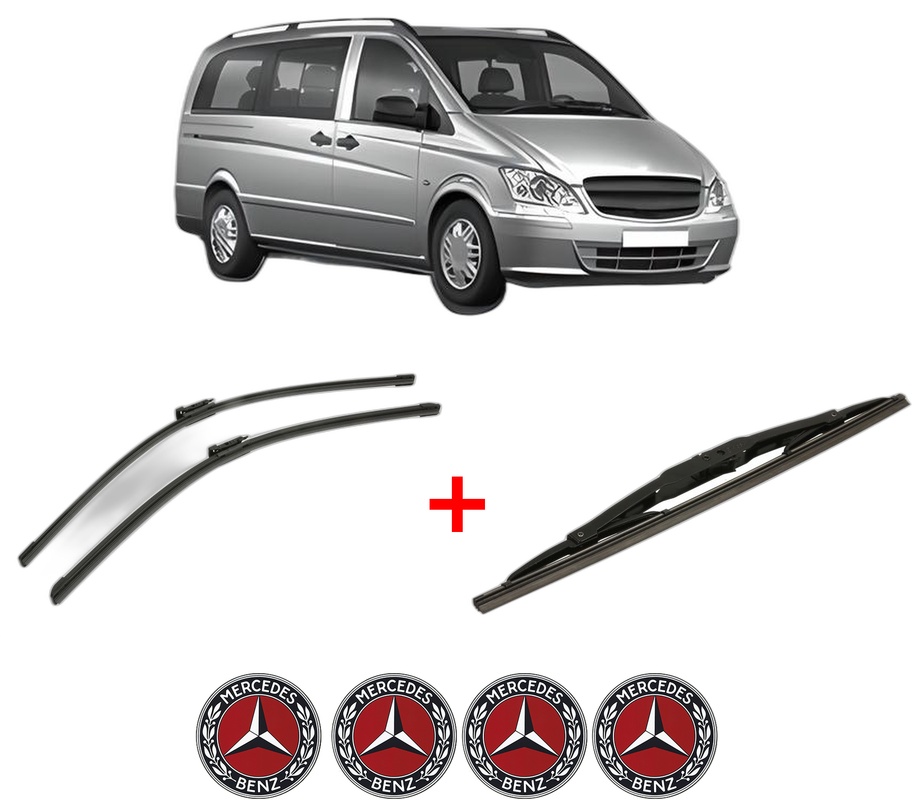 Set 3 stergatoare MERCEDES-BENZ VITO Bus (W639) din 2003 - 2014, pentru parbriz si luneta fata si spate auto, Bosch Twin, din cauciuc siliconat rezistent, 4 Stickere Auto MERCEDES-BENZ