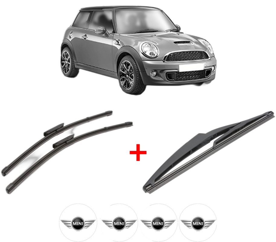 Set 3 stergatoare MINI MINI (R56) din 2006 - 2013, pentru parbriz si luneta fata si spate auto, Valeo Silencio, din cauciuc siliconat rezistent, 4 Stickere Auto MINI