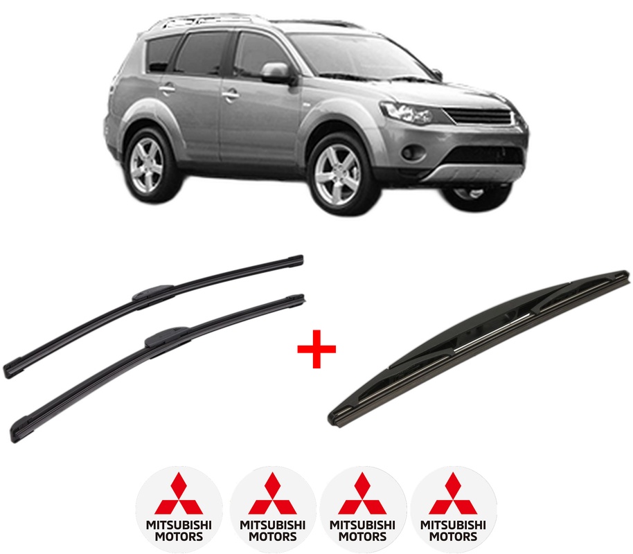 Set 3 stergatoare MITSUBISHI OUTLANDER II (CW_W) din 2006 - 2012, pentru parbriz si luneta fata si spate auto, Bosch Twin, din cauciuc siliconat rezistent, 4 Stickere Auto MITSUBISHI