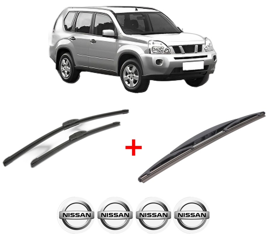 Set 3 stergatoare NISSAN X-TRAIL II (T31) din 2007 - 2014, pentru parbriz si luneta fata si spate auto, Bosch Twin, din cauciuc siliconat rezistent, 4 Stickere Auto NISSAN