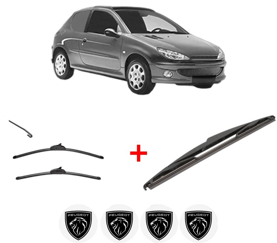 Set 3 stergatoare PEUGEOT 206 Van din 2001 - 2009, pentru parbriz si luneta fata si spate auto, Valeo Silencio, din cauciuc siliconat rezistent, 4 Stickere Auto PEUGEOT