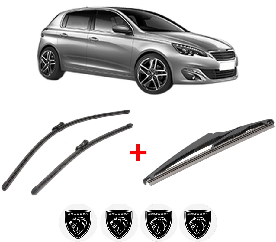 Set 3 stergatoare PEUGEOT 308 II (LB_, LP_, LW_, LH_, L3_) din 2013 - 2021, pentru parbriz si luneta fata si spate auto, Valeo Silencio, din cauciuc siliconat rezistent, 4 Stickere Auto PEUGEOT
