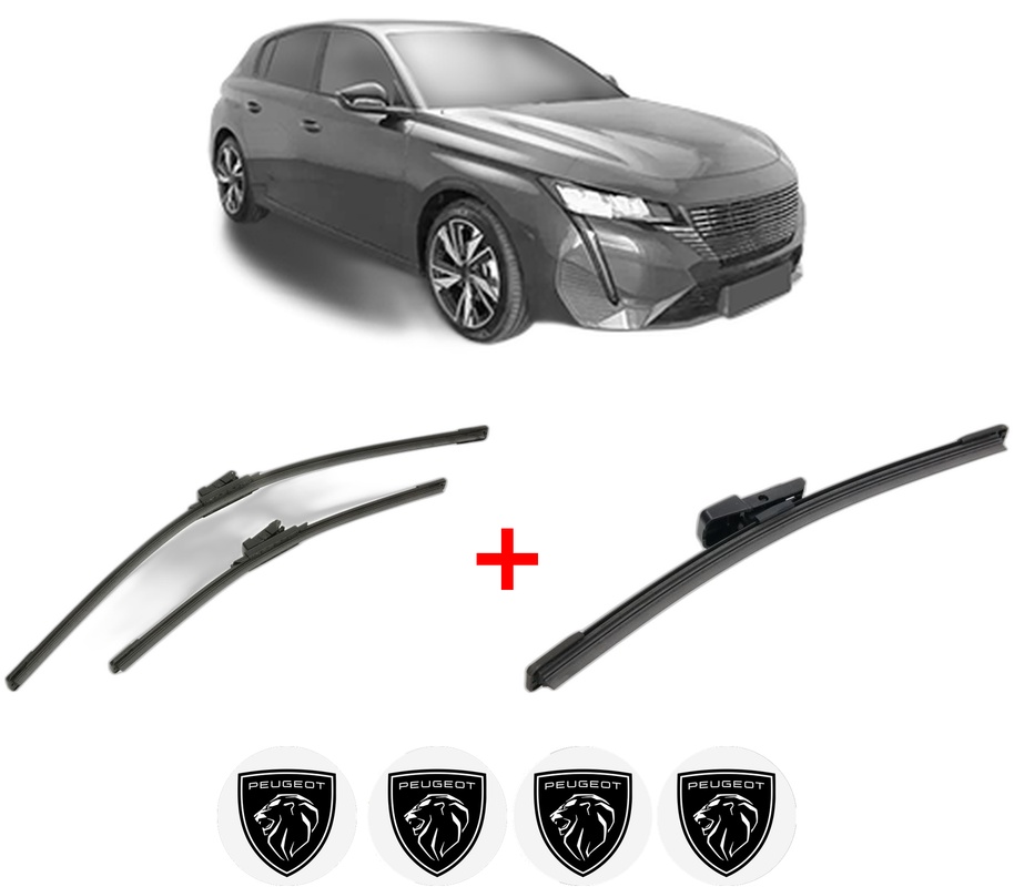 Set 3 stergatoare PEUGEOT 308 III (FB_, FH_, FP_, F3_, FM_) din 2021, pentru parbriz si luneta fata si spate auto, Bosch Aerotwin, din cauciuc siliconat rezistent, 4 Stickere Auto PEUGEOT