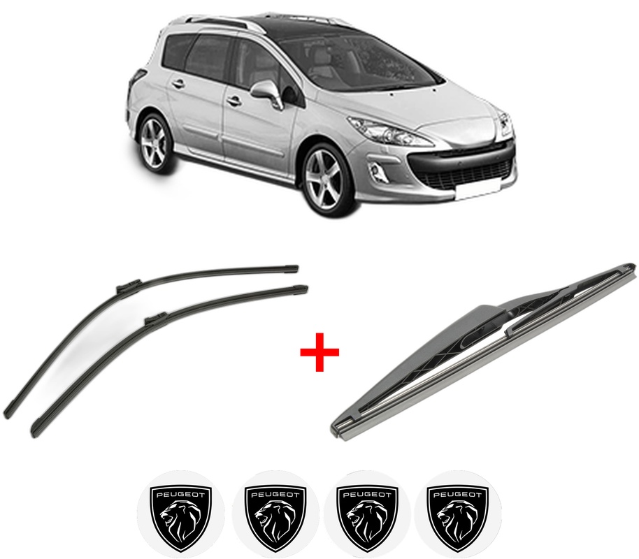 Set 3 stergatoare PEUGEOT 308 SW I (4E_, 4H_) din 2007 - 2014, pentru parbriz si luneta fata si spate auto, Bosch Twin, din cauciuc siliconat rezistent, 4 Stickere Auto PEUGEOT