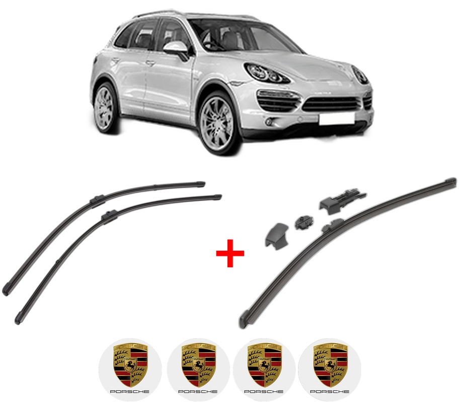 Set 3 stergatoare PORSCHE CAYENNE (92A) din 2010 - 2018, pentru parbriz si luneta fata si spate auto, Valeo HydroConnect, din cauciuc siliconat rezistent, 4 Stickere Auto PORSCHE