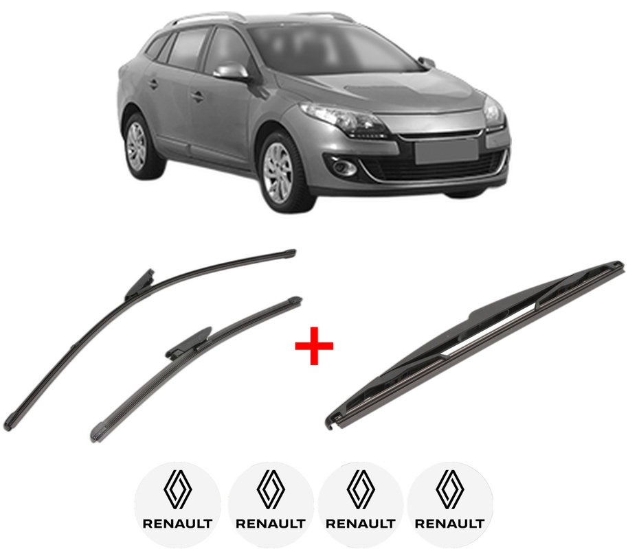 Set 3 stergatoare RENAULT MEGANE III Combi Van (KZ0/1) din 2009 - 2015, pentru parbriz si luneta fata si spate auto, Valeo Silencio, din cauciuc siliconat rezistent, 4 Stickere Auto RENAULT