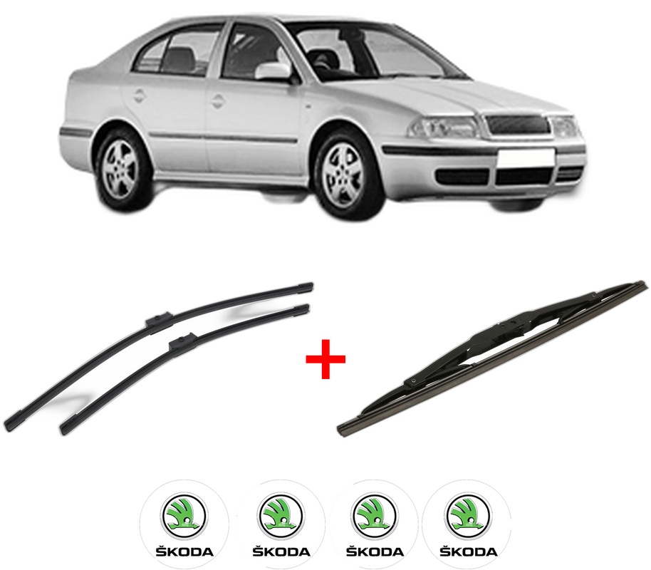 Set 3 stergatoare SKODA OCTAVIA I (1U2) din 1996 - 2010, pentru parbriz si luneta fata si spate auto, Bosch Twin, din cauciuc siliconat rezistent, 4 Stickere Auto SKODA