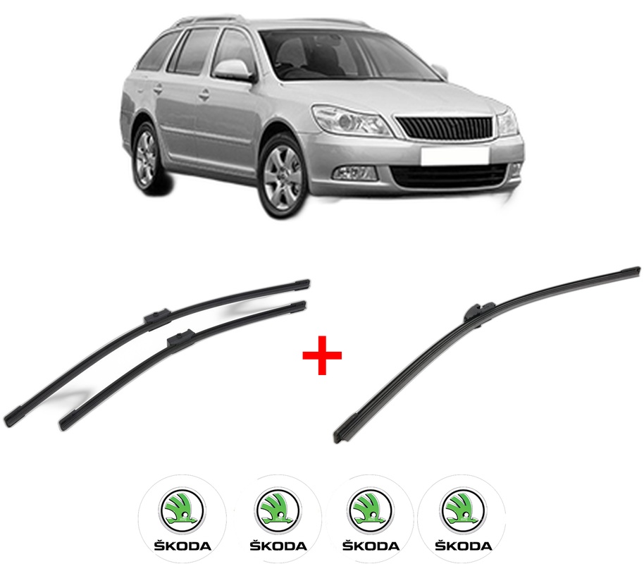 Set 3 stergatoare SKODA OCTAVIA II Combi (1Z5) din 2004 - 2013, pentru parbriz si luneta fata si spate auto, Bosch Aerotwin, din cauciuc siliconat rezistent, 4 Stickere Auto SKODA