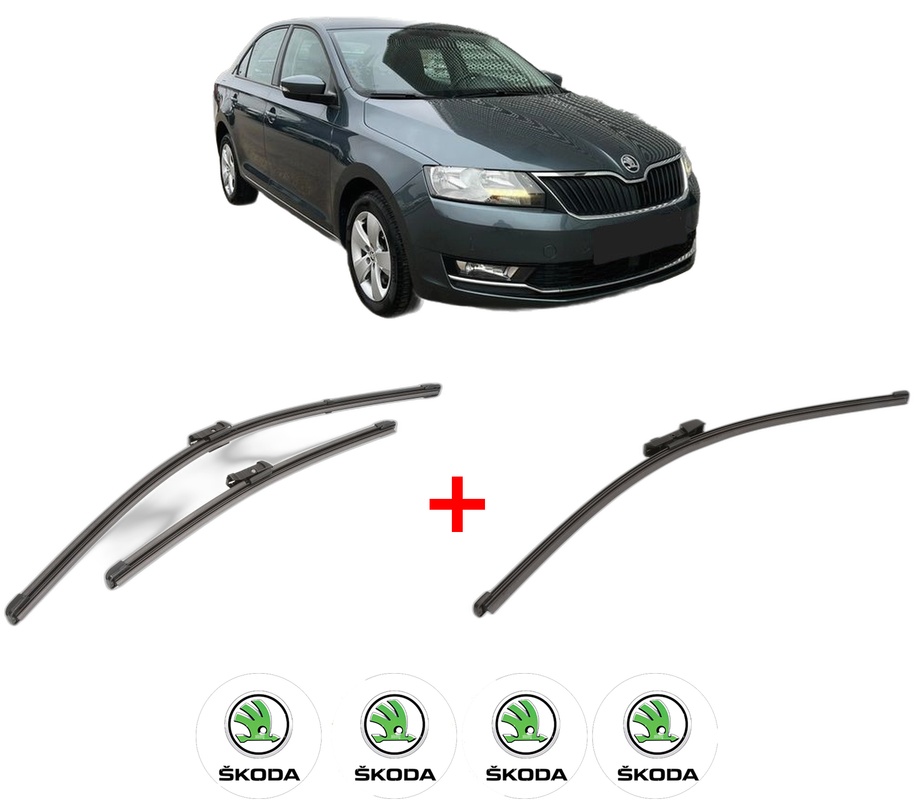 Set 3 stergatoare SKODA RAPID (NH3, NK3, NK6) din 2012 - 2022, pentru parbriz si luneta fata si spate auto, Valeo Silencio Xtrm, din cauciuc siliconat rezistent, 4 Stickere Auto SKODA