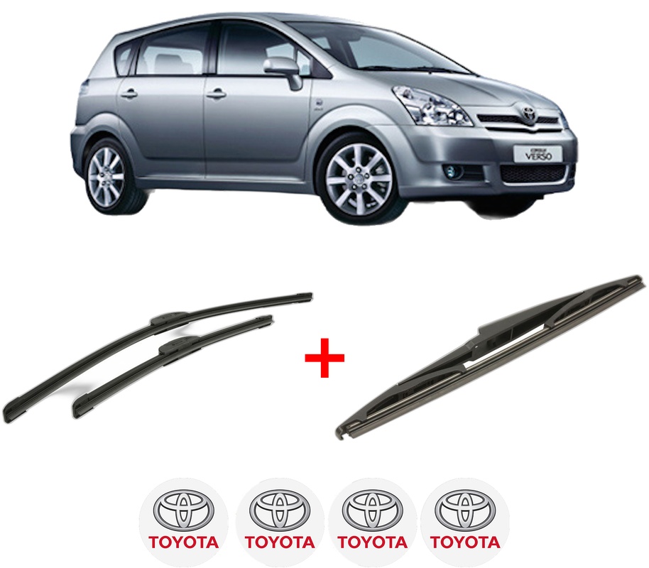 Set 3 stergatoare TOYOTA COROLLA Verso (ZER_, ZZE12_, R1_) din 2004 - 2009, pentru parbriz si luneta fata si spate auto, Bosch Twin, din cauciuc siliconat rezistent, 4 Stickere Auto TOYOTA
