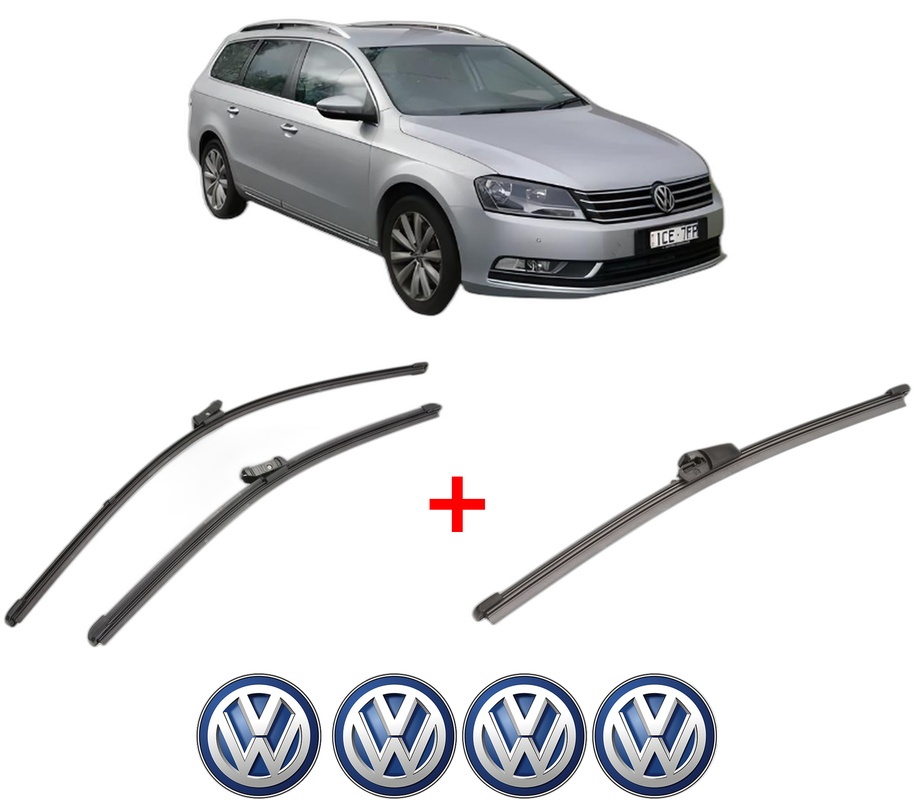 Set 3 stergatoare Volkswagen PASSAT B7 Estate Van (365) din 2010 - 2014, pentru parbriz si luneta fata si spate auto, Valeo Silencio Xtrm, din cauciuc siliconat rezistent, 4 Stickere Auto VW