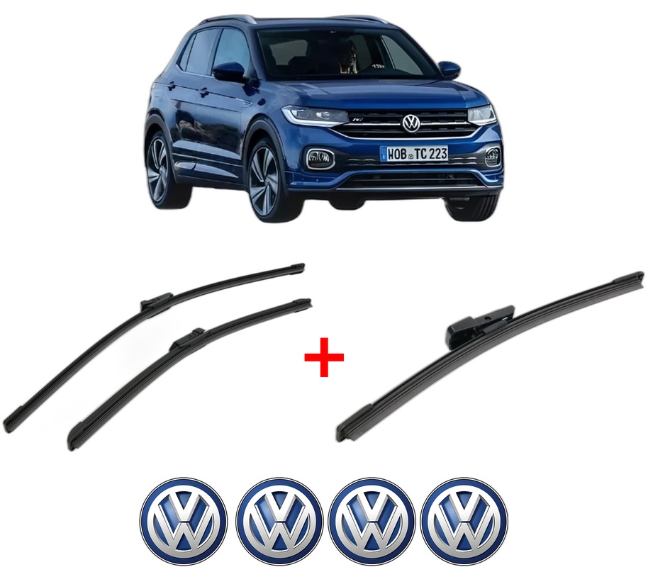 Set 3 stergatoare Volkswagen T-CROSS (C11, D31) din 2018, pentru parbriz si luneta fata si spate auto, Bosch Aerotwin, din cauciuc siliconat rezistent, 4 Stickere Auto VW