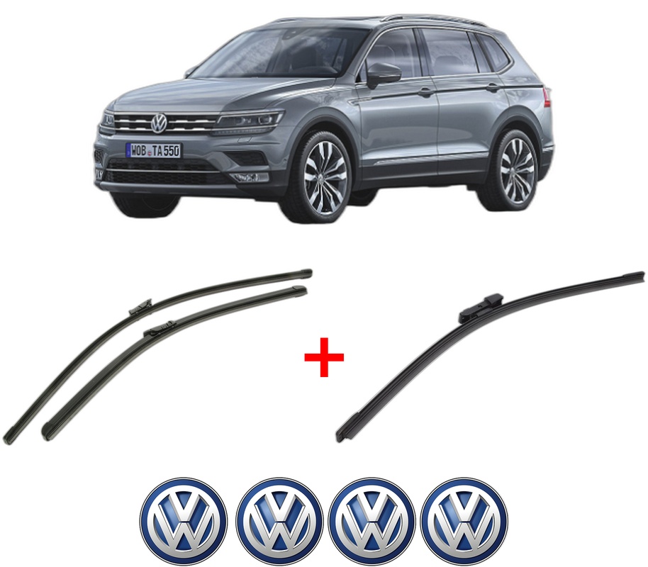 Set 3 stergatoare Volkswagen TIGUAN ALLSPACE (BW2, BJ2) din 2017 - 2021, pentru parbriz si luneta fata si spate auto, Bosch Aerotwin, din cauciuc siliconat rezistent, 4 Stickere Auto VW