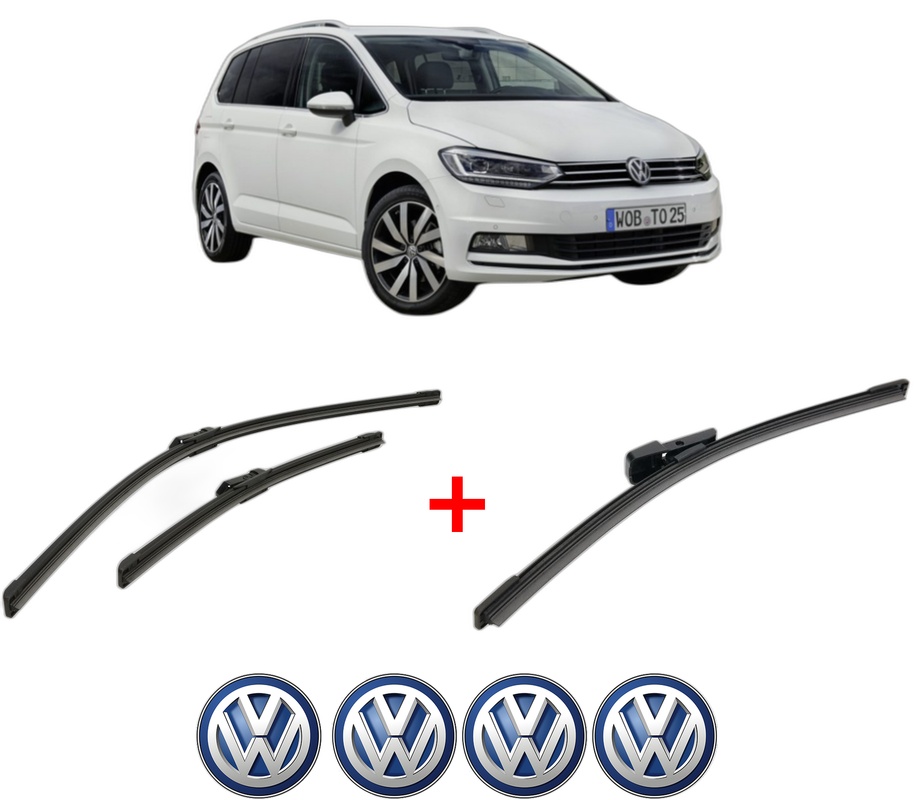 Set 3 stergatoare Volkswagen TOURAN VAN (5T1) din 2020, pentru parbriz si luneta fata si spate auto, Bosch Aerotwin, din cauciuc siliconat rezistent, 4 Stickere Auto VW