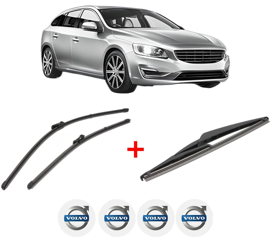 Set 3 stergatoare VOLVO V60 I (155) din 2010 - 2018, pentru parbriz si luneta fata si spate auto, Valeo Silencio, din cauciuc siliconat rezistent, 4 Stickere Auto VOLVO