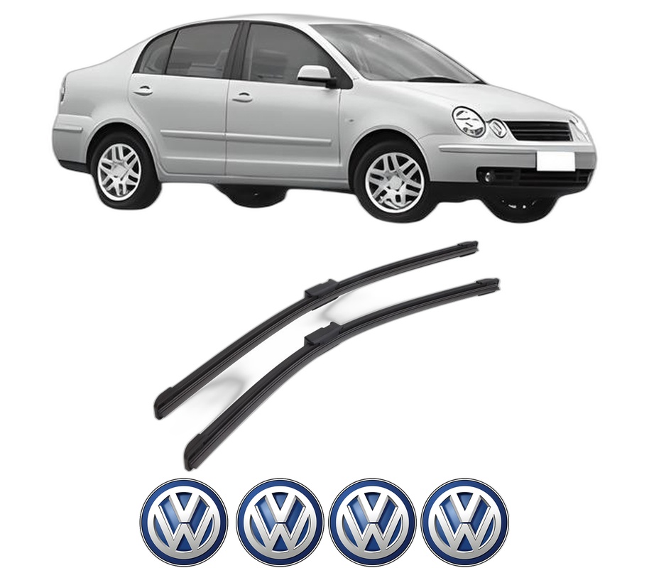 Set stergatoare auto Volkswagen POLO IV Saloon (9A4, 9A2, 9N2, 9A6) din 2002-2012, pentru parbriz auto, 2 bucati, Bosch Aerotwin, din cauciuc siliconat rezistent, 4 Stickere Auto Volkswagen