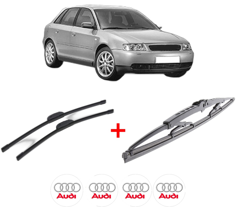 Set 3 stergatoare AUDI A3 (8L1) din 1996 - 2003, pentru parbriz si luneta fata si spate auto, Bosch Twin, din cauciuc siliconat rezistent, 4 Stickere Auto AUDI