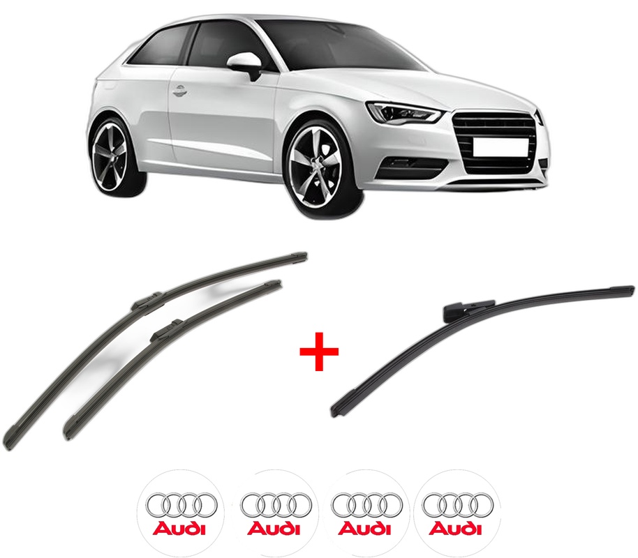 Set 3 stergatoare AUDI A3 (8V1, 8VK) din 2012 - 2020, pentru parbriz si luneta fata si spate auto, Bosch Aerotwin, din cauciuc siliconat rezistent, 4 Stickere Auto AUDI