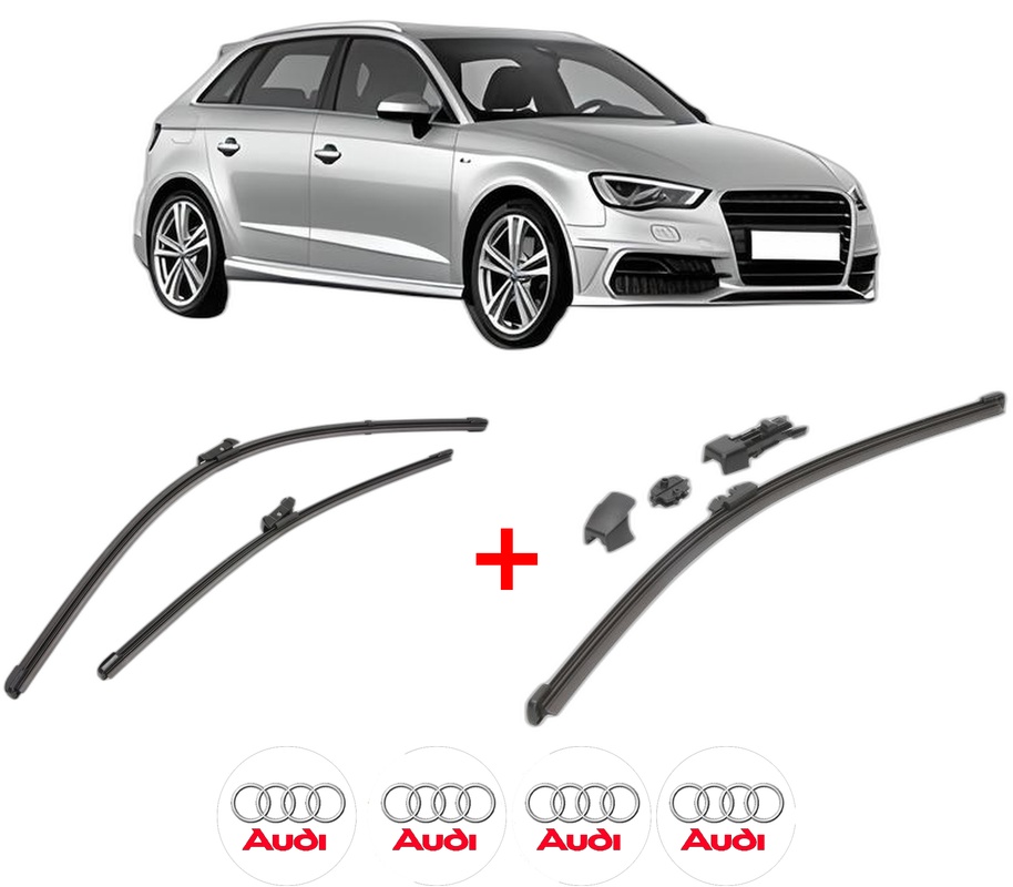 Set 3 stergatoare AUDI A3 Sportback (8VA, 8VF) din 2012 - 2020, pentru parbriz si luneta fata si spate auto, Valeo HydroConnect, din cauciuc siliconat rezistent, 4 Stickere Auto AUDI