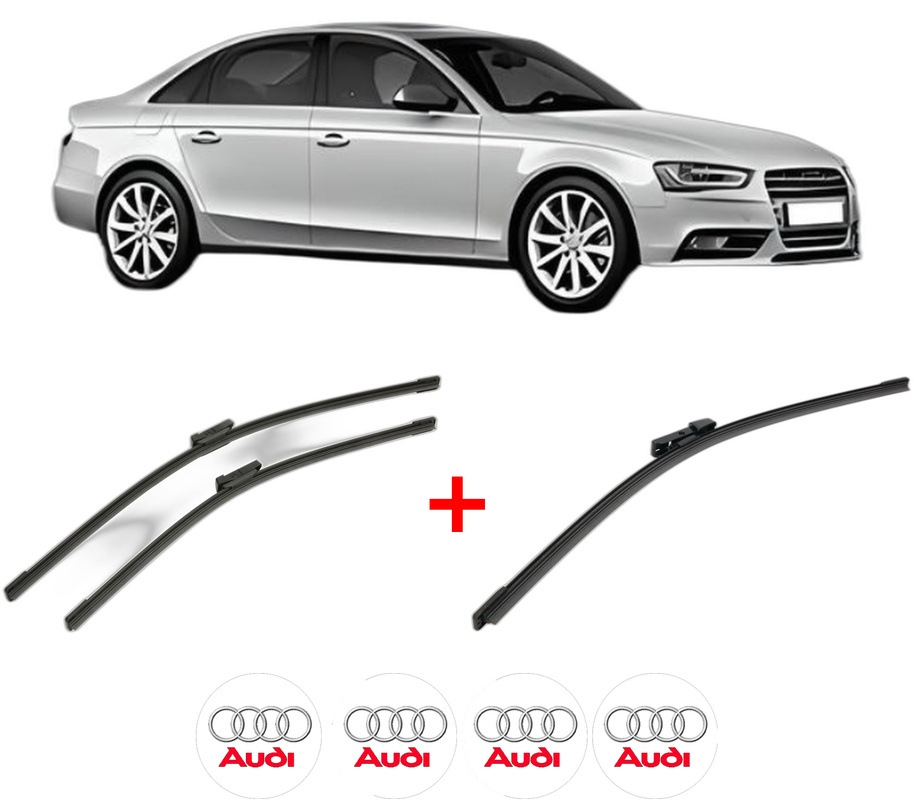 Set 3 stergatoare AUDI A4 B8 (8K2) din 2008 - 2015, pentru parbriz si luneta fata si spate auto, Bosch Aerotwin, din cauciuc siliconat rezistent, 4 Stickere Auto AUDI