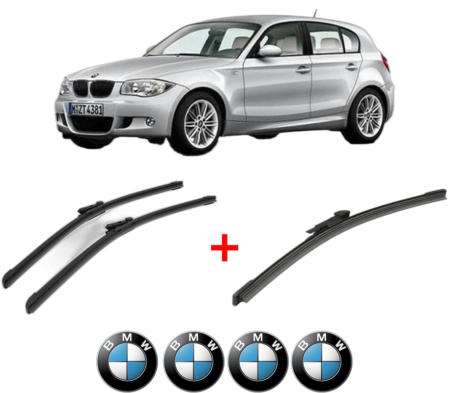 Set 3 stergatoare BMW Seria 1 (E81) din 2006 - 2012, pentru parbriz si luneta fata si spate auto, Bosch Aerotwin, din cauciuc siliconat rezistent, 4 Stickere Auto BMW