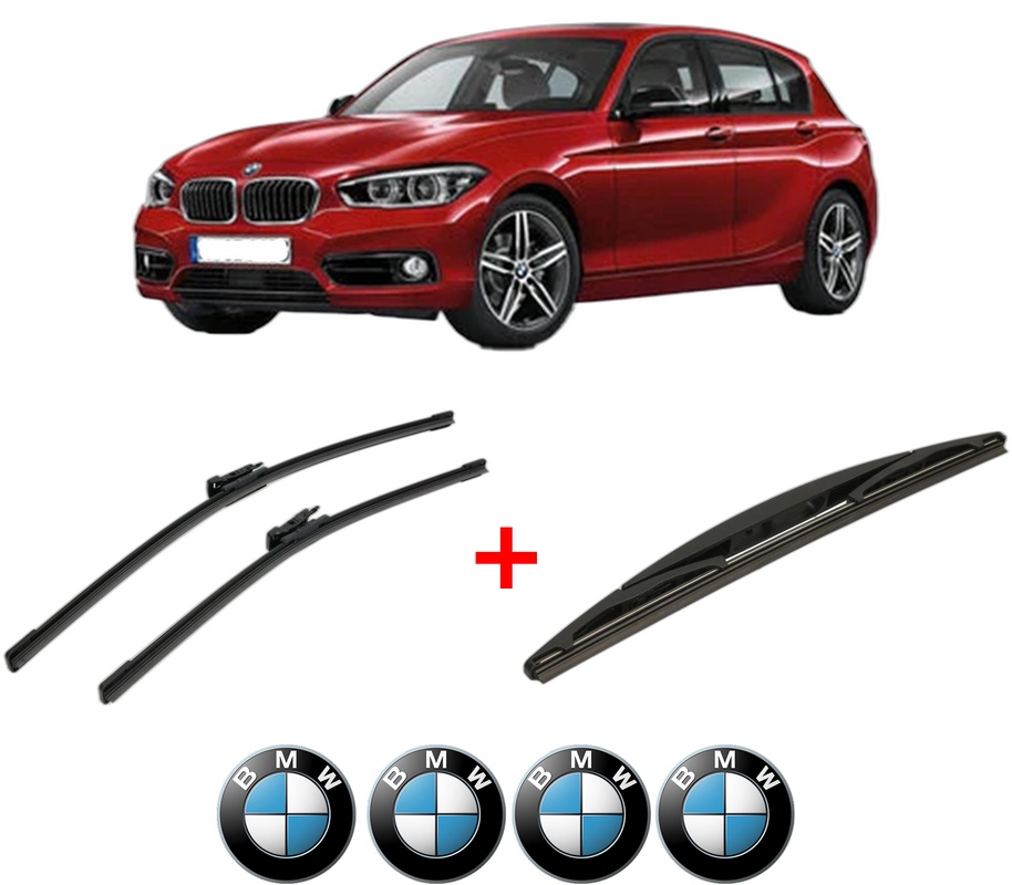 Set 3 stergatoare BMW Seria 1 (F21) din 2011 - 2019, pentru parbriz si luneta fata si spate auto, Bosch Twin, din cauciuc siliconat rezistent, 4 Stickere Auto BMW