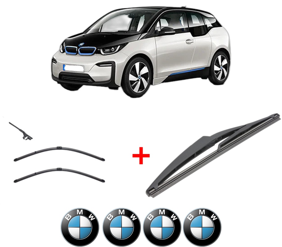 Set 3 stergatoare BMW Seria i3 (I01) din 2013, pentru parbriz si luneta fata si spate auto, Valeo Silencio, din cauciuc siliconat rezistent, 4 Stickere Auto BMW