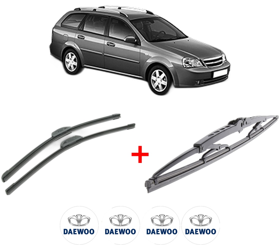 Set 3 stergatoare DAEWOO NUBIRA Wagon (J100) din 1997 - 1999, pentru parbriz si luneta fata si spate auto, Bosch Twin, din cauciuc siliconat rezistent, 4 Stickere Auto DAEWOO