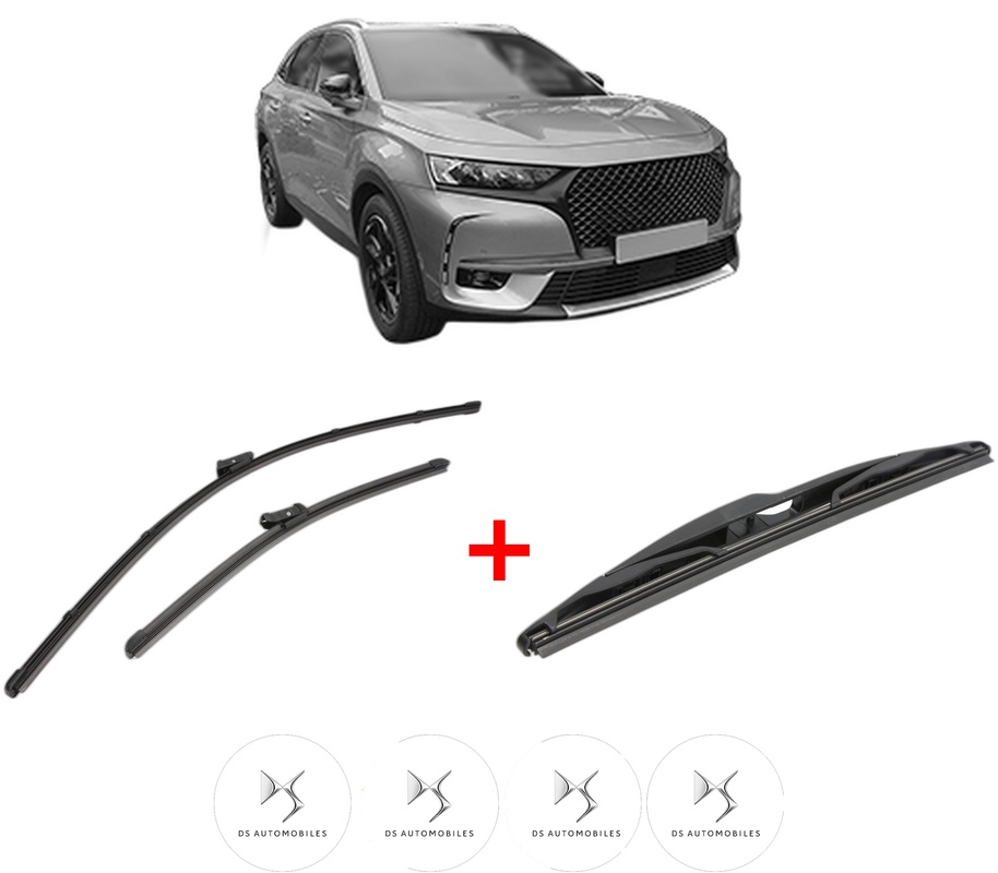 Set 3 stergatoare DS DS 7 Crossback (J4_, JR_, JC_) din 2017 - 2022, pentru parbriz si luneta fata si spate auto, Valeo Silencio, din cauciuc siliconat rezistent, 4 Stickere Auto DS