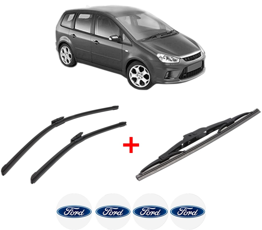 Set 3 stergatoare FORD C-MAX (DM2) din 2003 - 2010, pentru parbriz si luneta fata si spate auto, Bosch Twin, din cauciuc siliconat rezistent, 4 Stickere Auto FORD