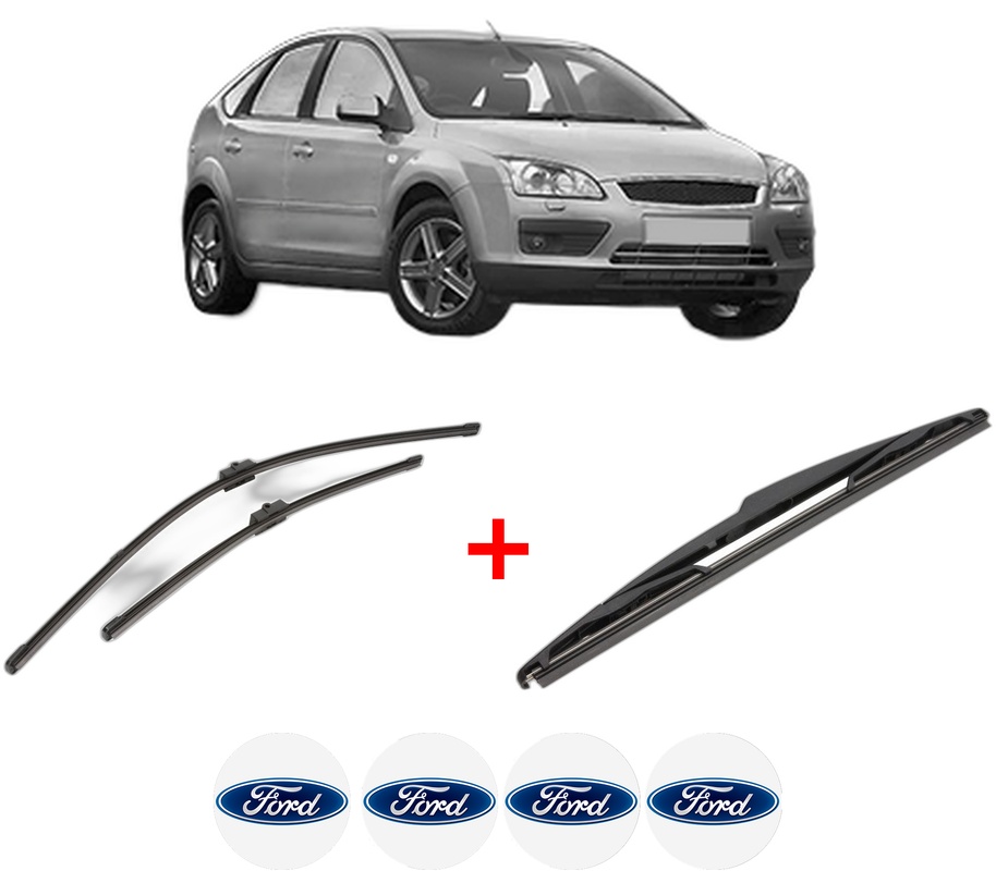 Set 3 stergatoare FORD FOCUS II (DA_, HCP, DP) din 2004 - 2012, pentru parbriz si luneta fata si spate auto, Valeo Silencio, din cauciuc siliconat rezistent, 4 Stickere Auto FORD