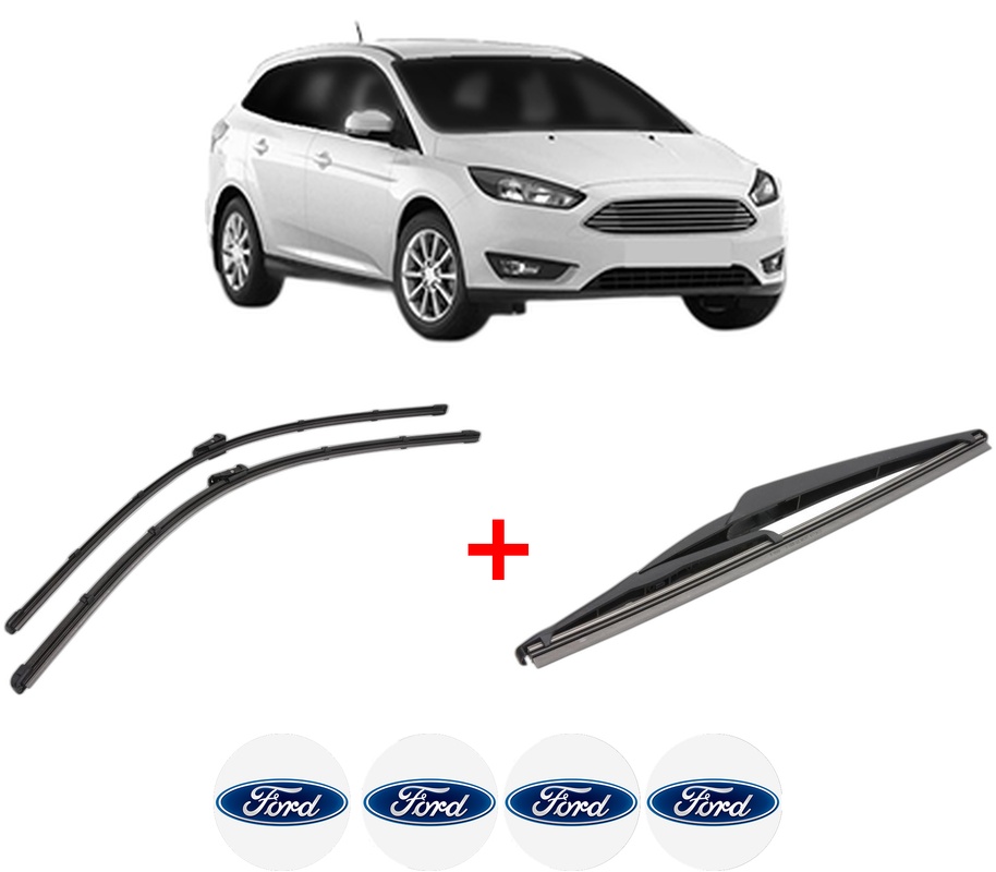 Set 3 stergatoare FORD FOCUS III Estate Van din 2012 - 2020, pentru parbriz si luneta fata si spate auto, Valeo Silencio, din cauciuc siliconat rezistent, 4 Stickere Auto FORD