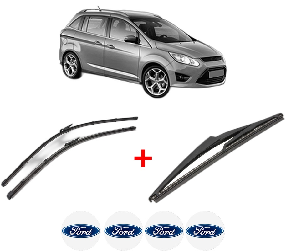 Set 3 stergatoare FORD GRAND C-MAX (DXA/CB7, DXA/CEU) din 2010 - 2019, pentru parbriz si luneta fata si spate auto, Valeo Silencio, din cauciuc siliconat rezistent, 4 Stickere Auto FORD