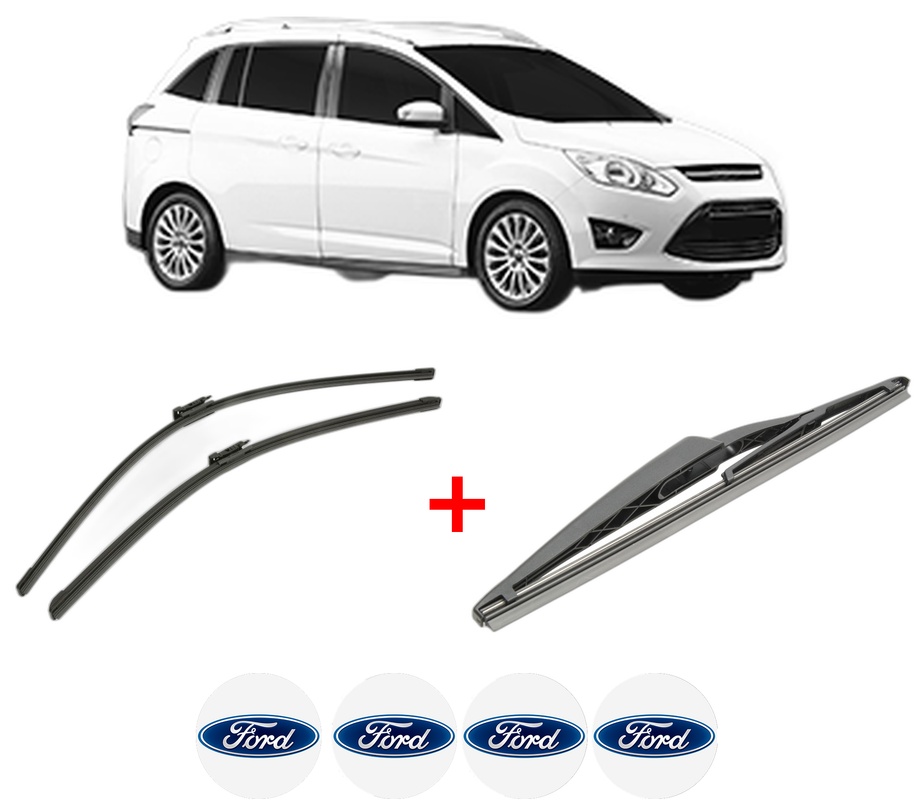 Set 3 stergatoare FORD GRAND C-MAX Van din 2010 - 2019, pentru parbriz si luneta fata si spate auto, Bosch Twin, din cauciuc siliconat rezistent, 4 Stickere Auto FORD
