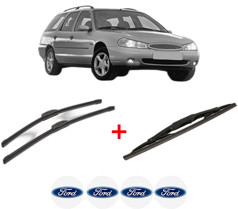 Set 3 stergatoare FORD MONDEO II Turnier (BNP) din 1996 - 2000, pentru parbriz si luneta fata si spate auto, Bosch Twin, din cauciuc siliconat rezistent, 4 Stickere Auto FORD