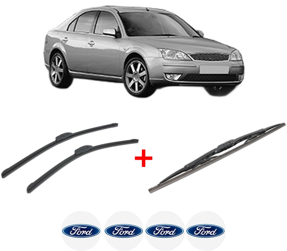 Set 3 stergatoare FORD MONDEO III (B5Y) din 2000 - 2007, pentru parbriz si luneta fata si spate auto, Bosch Twin, din cauciuc siliconat rezistent, 4 Stickere Auto FORD