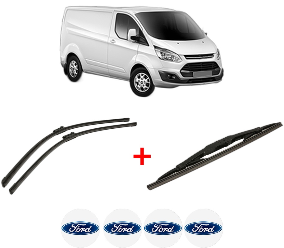 Set 3 stergatoare FORD TRANSIT CUSTOM V362 Van (FY, FZ) din 2012 - 2023, pentru parbriz si luneta fata si spate auto, Bosch Twin, din cauciuc siliconat rezistent, 4 Stickere Auto FORD