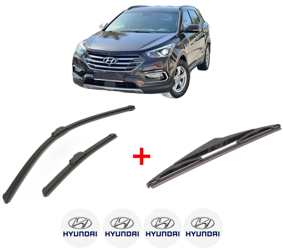 Set 3 stergatoare HYUNDAI SANTA FÉ III (DM, DMA) din 2012 - 2018, pentru parbriz si luneta fata si spate auto, Bosch Twin, din cauciuc siliconat rezistent, 4 Stickere Auto HYUNDAI