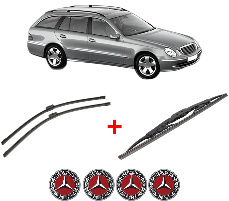 Set 3 stergatoare MERCEDES-BENZ E-CLASS T-Model (S211) din 2003 - 2009, pentru parbriz si luneta fata si spate auto, Bosch Twin, din cauciuc siliconat rezistent, 4 Stickere Auto MERCEDES-BENZ